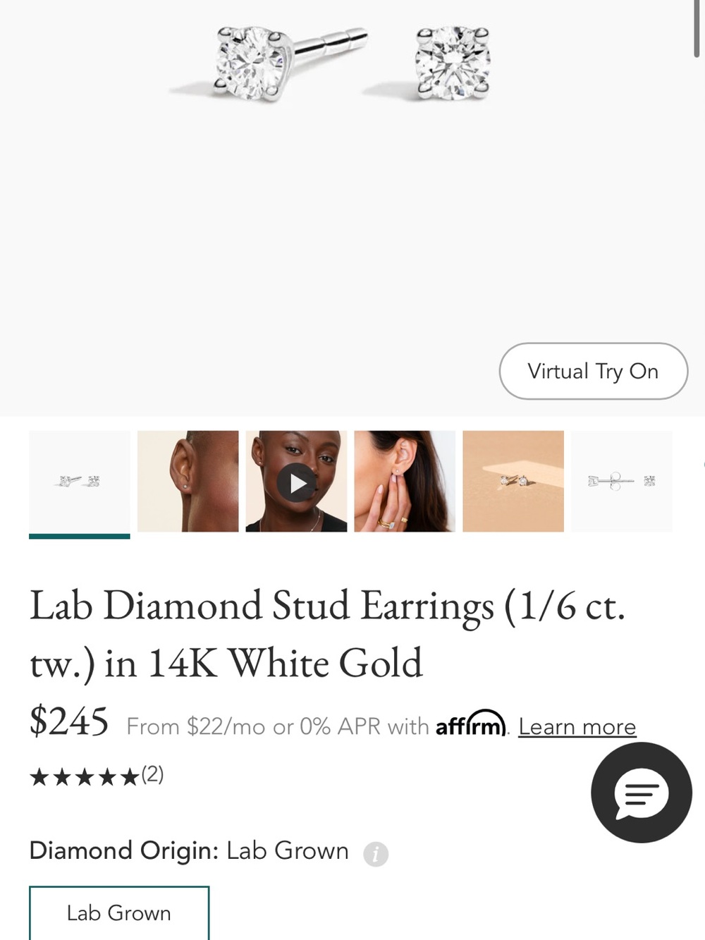 Brilliant Earth Lab Diamond Stud Earring 1/6th ct in 14k white gold